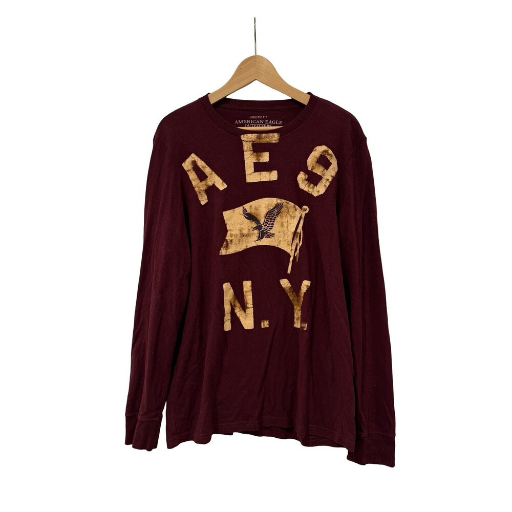 American Eagle Maroon Long Sleeve T-Shirt Men's L Flag Eagle AE 9 N.Y. Vintage